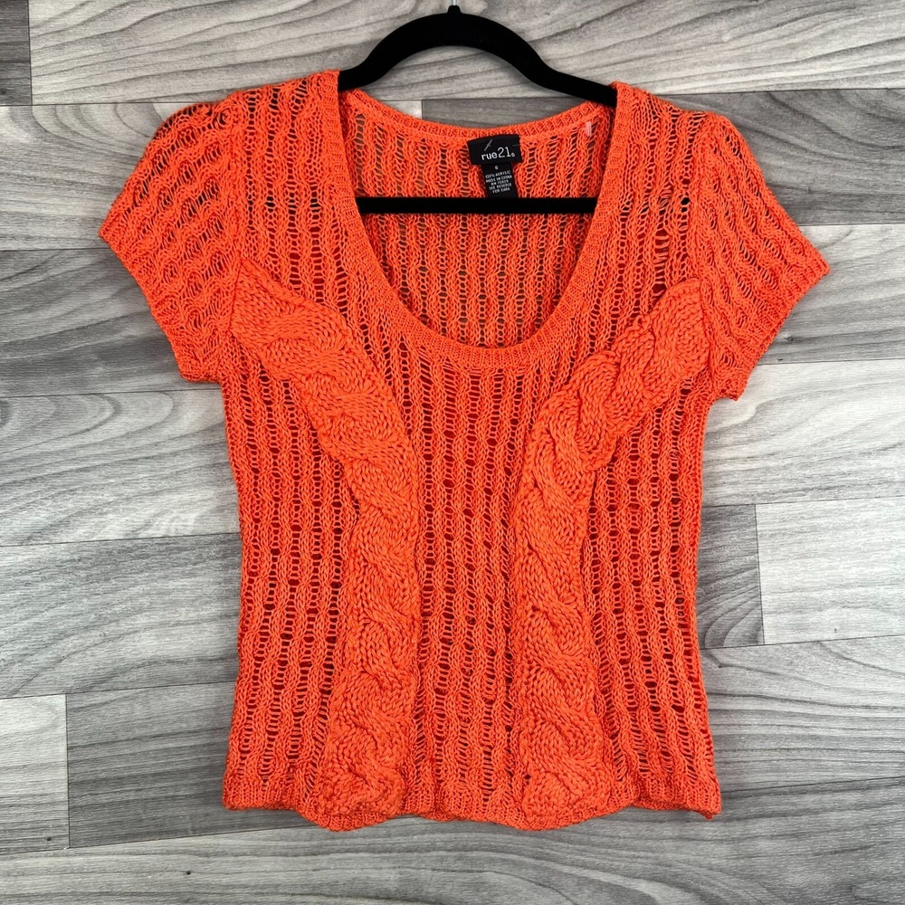 Rue21 Sweater Women's Small Orange 100% Acrylic Cap Sleeve Scoop Neck‎ Y2K 90s